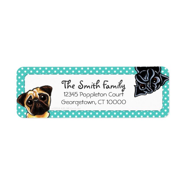 Black Pug Fawn Pug Up Down Teal Dots Returadress Etikett (Framsidan)