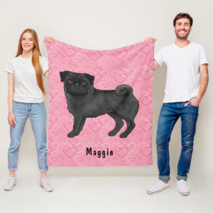 Black Pug Hund Cute Mops och Rosa Hjärtar med Namn Fleecefilt