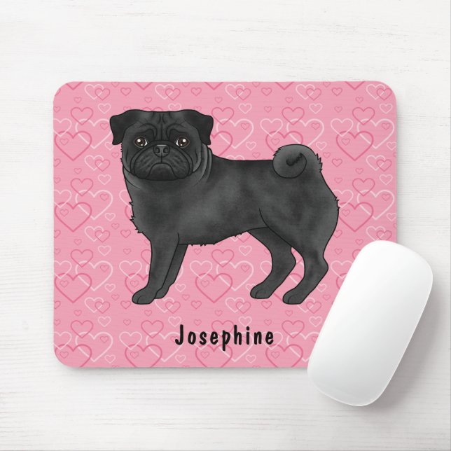 Black Pug Hund Cute Mops och Rosa Hjärtar med Namn Musmatta (Med mus)