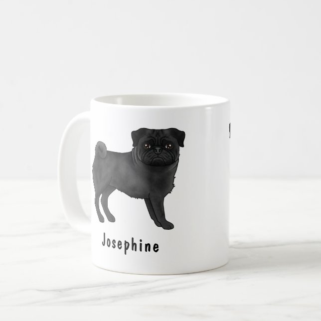 Black Pug Hund Cute Tecknad hund Mops with Namn Kaffemugg (Framsida vänster)