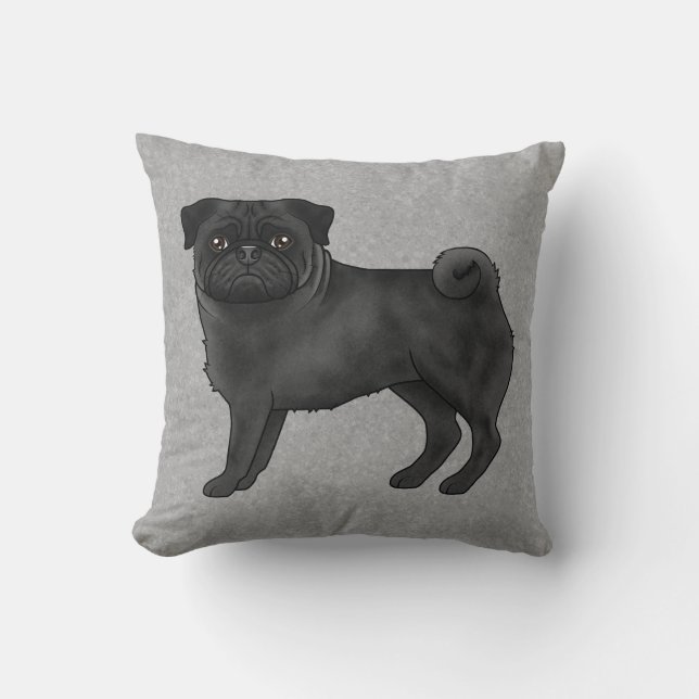 Black Pug Hund Cute Tecknad Illustration Grått Kudde (Framsida)