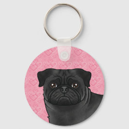 Black Pug Hund Head Close on Rosa Kärlek Hearts Nyckelring