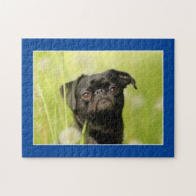 Black Pug Hund Jigszle Puzzle Pussel (Horisontell)
