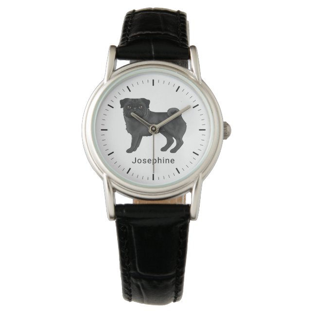 Black Pug Hund Mops födde Hund design med Namn Armbandsur (Framsida)
