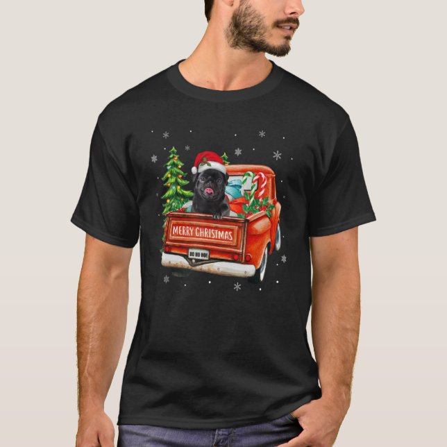 Black Pug Hund Ride Red Lastbil jul Hund P T Shirt (Framsida)