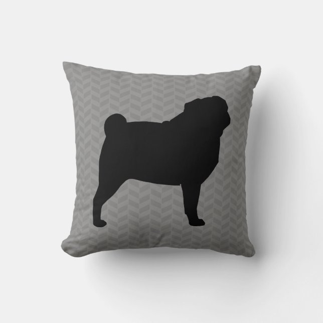 Black Pug Hund Silhouette på Grått Herringbone Kudde (Framsida)