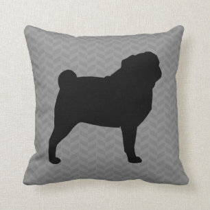 Black Pug Hund Silhouette på Grått Herringbone Kudde