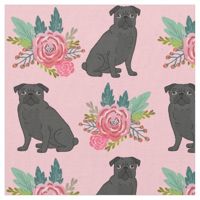 Black Pug hundar rosa blommigt Tyg (Närbild)