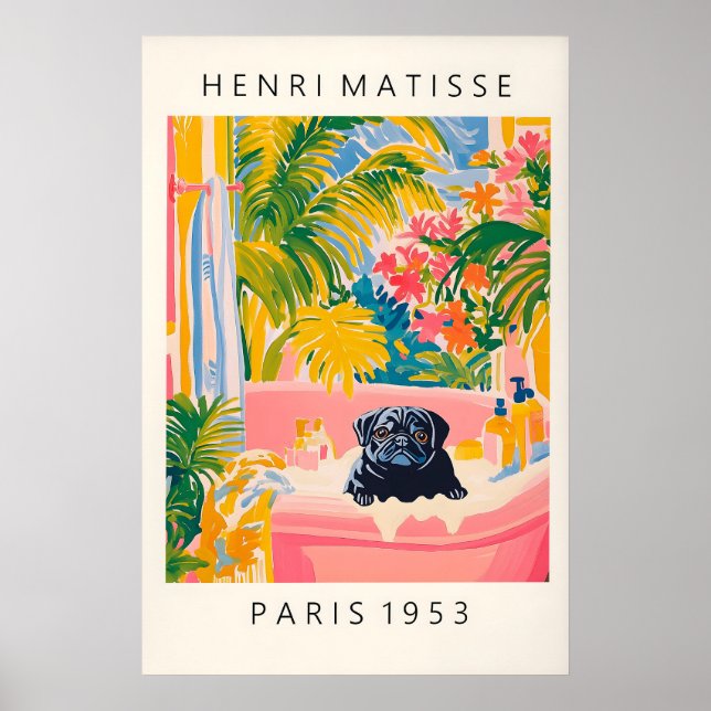 Black Pug in Bathtub Art Print Funny Dog Bathroom Poster (Framsidan)