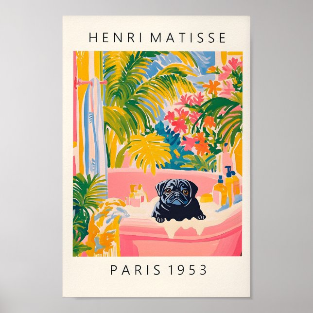 Black Pug in Bathtub, lustigt bathroom Poster för  (Framsidan)