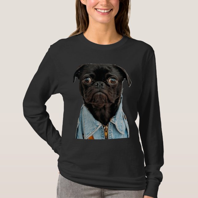 Black Pug in Jeans Sticker Classic T-Shirt 181 (Framsida)