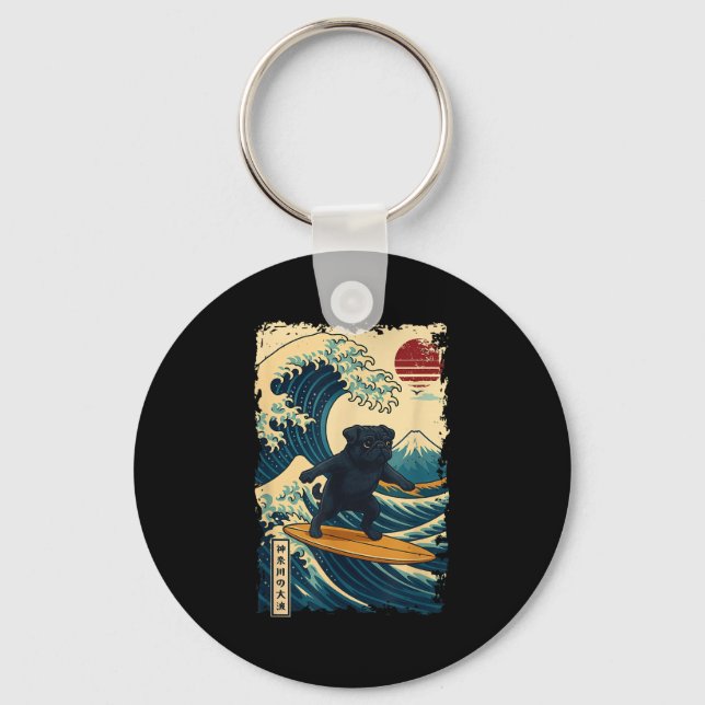 Black Pug Japansk Kanagawa Wave Surfing Japan Mamm Nyckelring (Framsida)