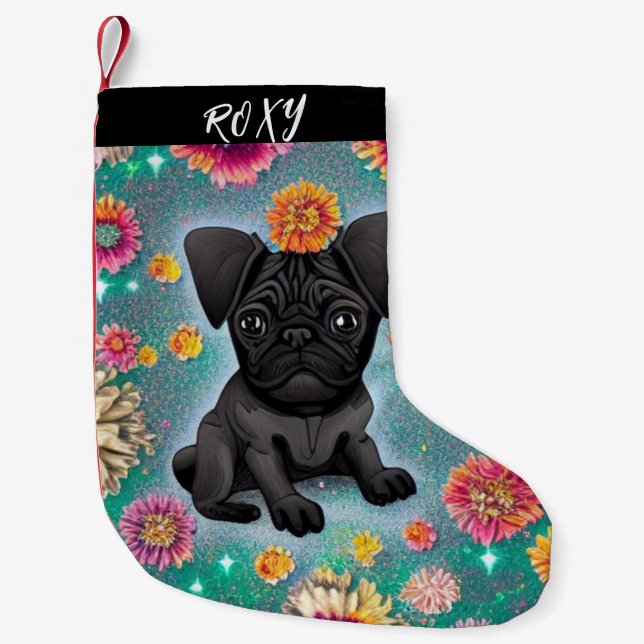 Black Pug-julklapp med namn. Liten Julstrumpa (Framsidan)