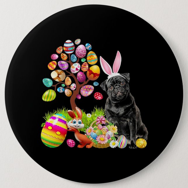BLACK Pug Påskägg Träd Hundar Bunny Påsk Dag Knapp (Framsida)