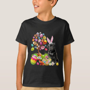 BLACK Pug Påskägg Träd Hundar Bunny Påsk Dag T Shirt