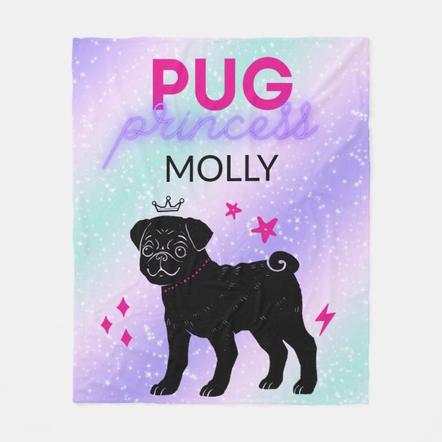 BLACK" PUG PRINCESS" FLEECE BLANKET-PERSONLIG. (Framsidan)