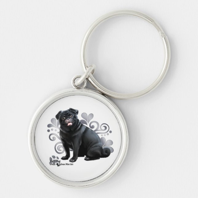 Black Pug Rund Silverfärgad Nyckelring (Framsidan)