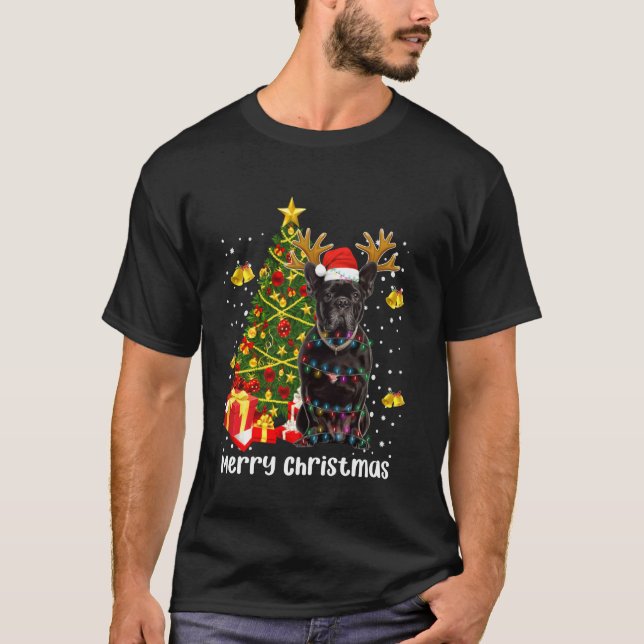 Black Pug Santa Julgran Ljus Julafton Reindee T Shirt (Framsida)