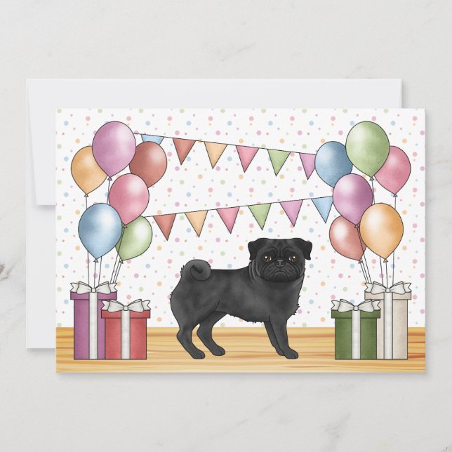 Black Pug Tecknad hund Colorful Pastels Birthday Inbjudningar (Framsida)