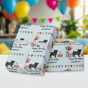 Black Pug Tecknad Mops Colorful Grattis på födelse Presentpapper