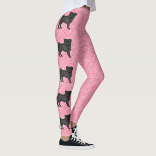 Black Pug Tecknad Mops Kärlek Heart Mönster Rosa Leggings