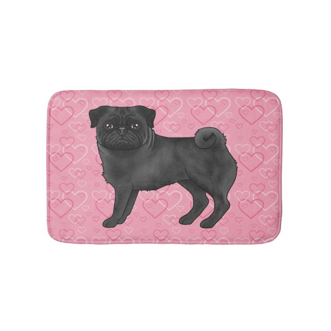 Black Pug Tecknad Mops Rosa Kärlek Heart Mönster Badrumsmatta (Framsidan)