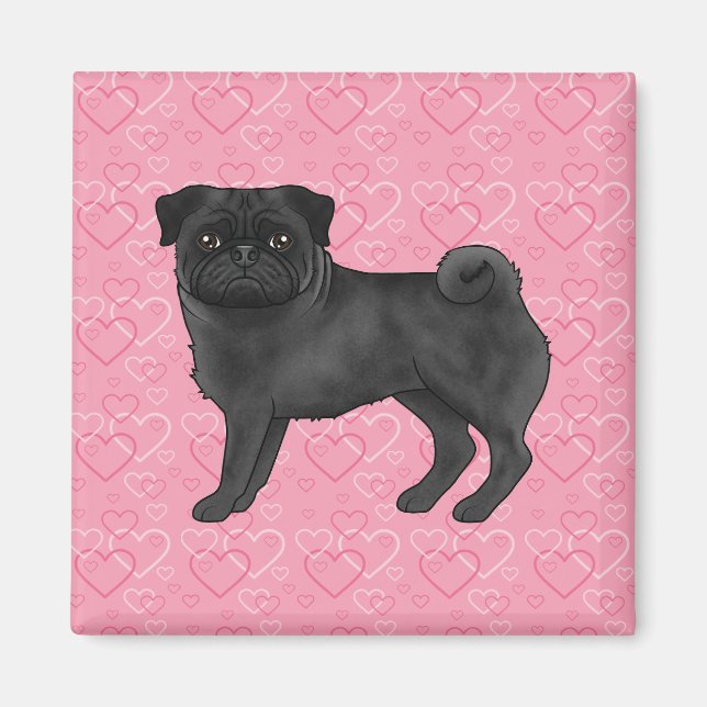 Black Pug Tecknad Mops Rosa Kärlek Heart Mönster Magnet (Framsidan)
