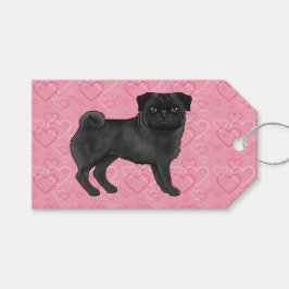 Black Pug Tecknad Mops Rosa Kärlek Heart Mönster Presentetikett