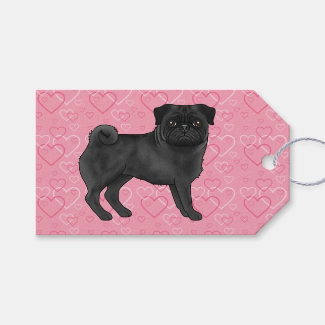 Black Pug Tecknad Mops Rosa Kärlek Heart Mönster Presentetikett (Framsidan (Horisontell))
