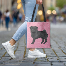 Black Pug Tecknad Mops Rosa Kärlek Heart Mönster Tygkasse