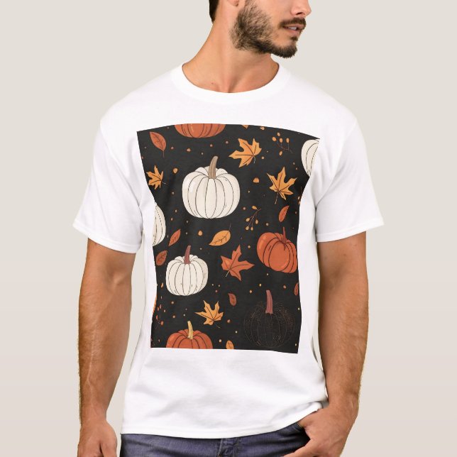 Black Pumpkin och Löv Tiled Mönster T Shirt (Framsida)