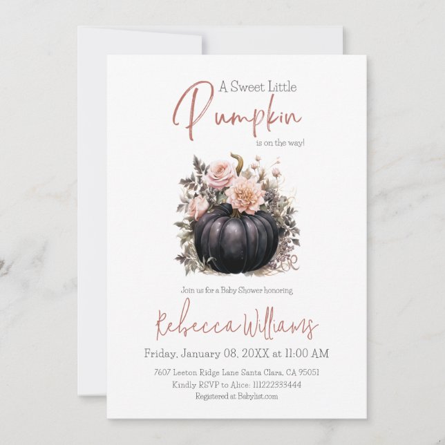 Black Pumpkin  Rosa Blommigt Fall Baby Shower Inbjudningar (Framsida)