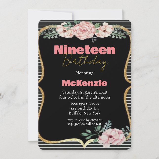 Black Punk Peony Guld Girl 19:e Födelsedagsfesten Inbjudningar (Framsida)