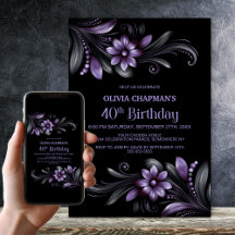 Black Purple Floral 40th Birthday Party