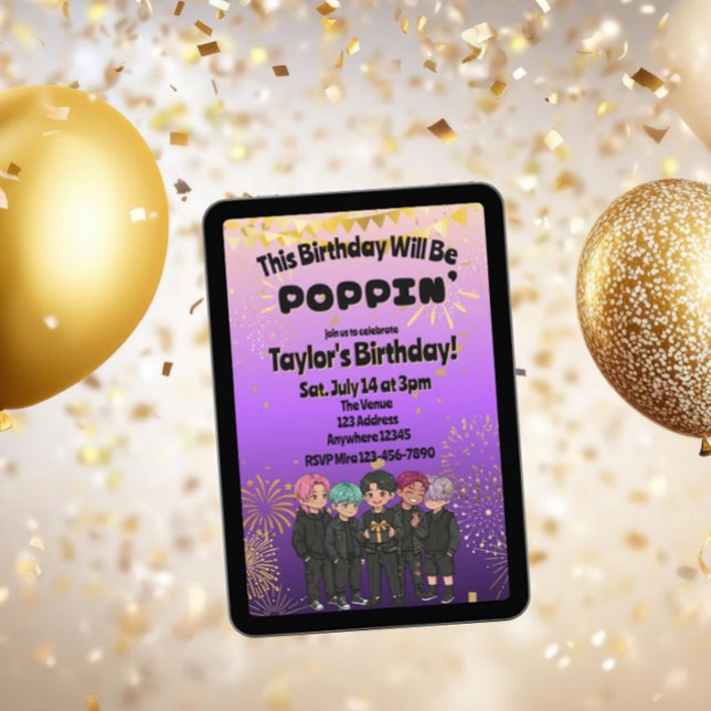 Black Purple Gold KPOP Boys Poppin' Birthday Inbjudningar (Skapare uppladdad)