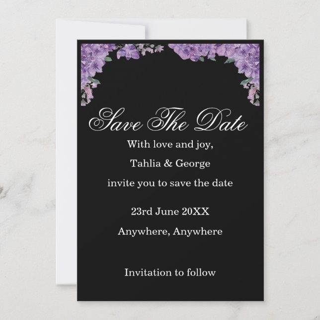 Black & Purple Jacaranda Flowers Save the Date  Inbjudningar (Framsida)
