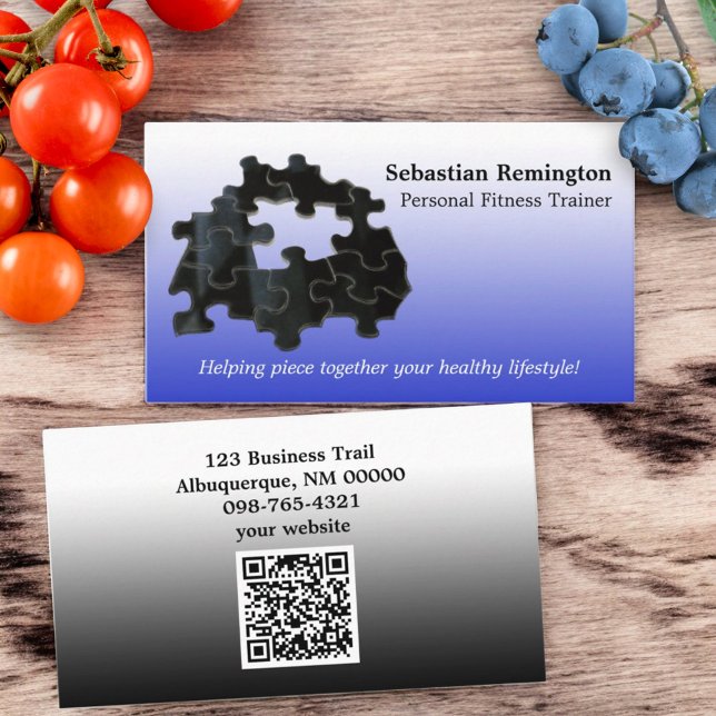 Black Puzzle Biet Blue Ombre saknas Visitkort (front and back template with QR code designed business card)
