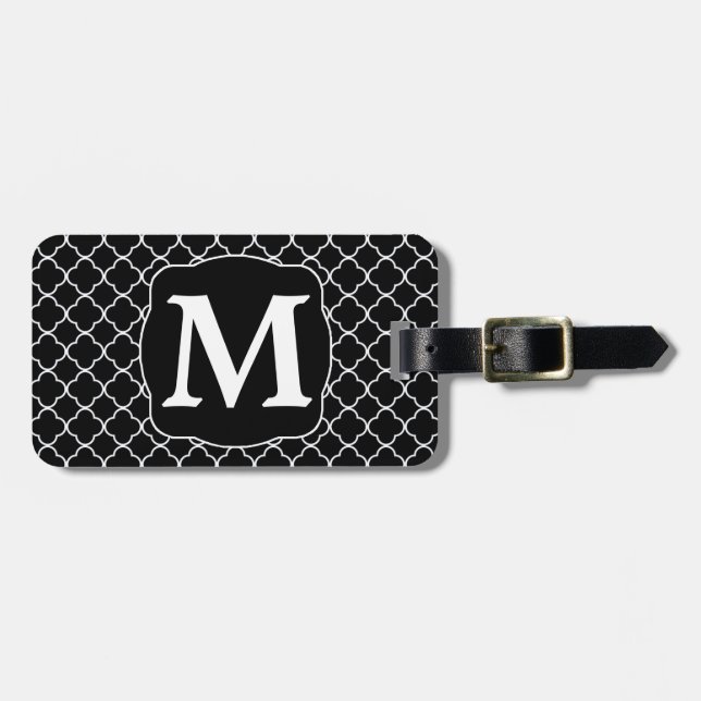 Black Quatrefoil White Monogram Bagagebricka (Horisontell Framsida)