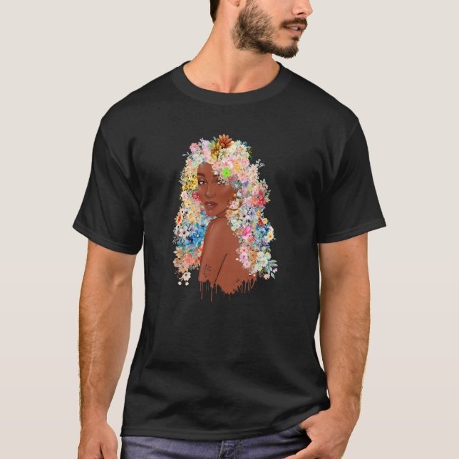 Black Queen Dam Hair Flowers Afro African America T Shirt (Framsida)