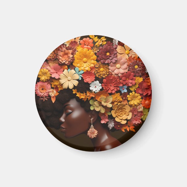 Black Queen Melanin Women 3D Blommigt Flower Afro Magnet (Framsidan)