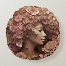 Black Queen Melanin Women 3D Blommigt Flower Afro Rund Kudde
