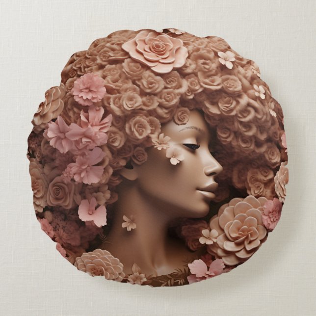 Black Queen Melanin Women 3D Blommigt Flower Afro Rund Kudde (Framsidan)