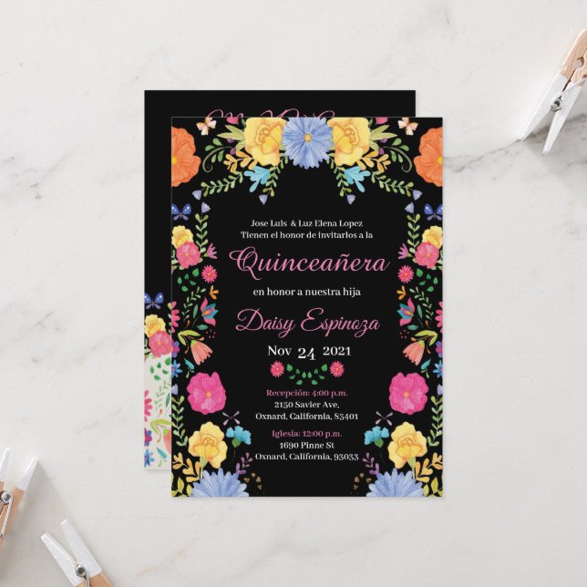 Black Quinceañera Invitation multi color, flowers (Fram/Back In Situ)