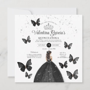 Black Quinceañera 15 Anos Buttefly Silver Glitter Inbjudningar