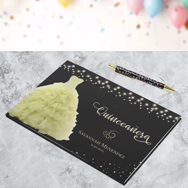 Black Quinceanera Gult Gown Ljus Photo Gästböcker (Skapare uppladdad)