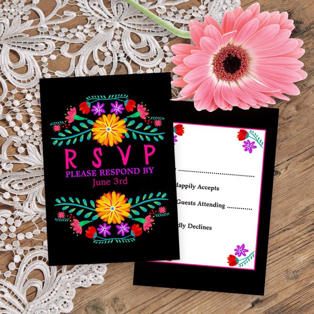 Black Quinceanera, mexikansk fiesta Flowers OSA Kort (Colorful RSVP from my Mexican Fiesta Floral collection
)