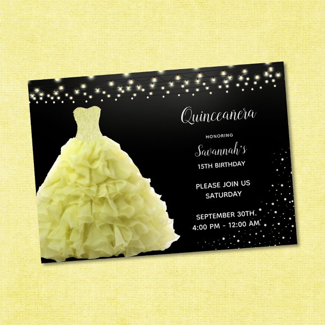 Black Quinceanera Princess Gult Ljus Inbjudningar (Skapare uppladdad)