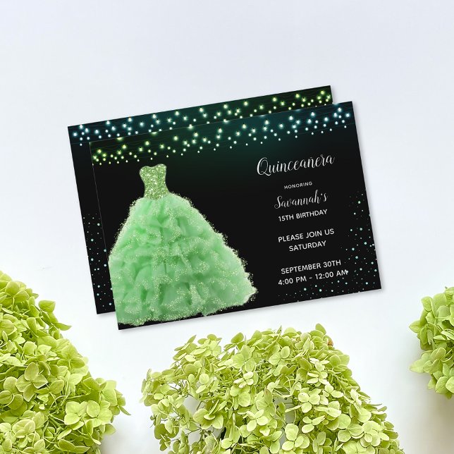 Black Quinceanera Princess Lime Green Gown Ljus Inbjudningar (Skapare uppladdad)