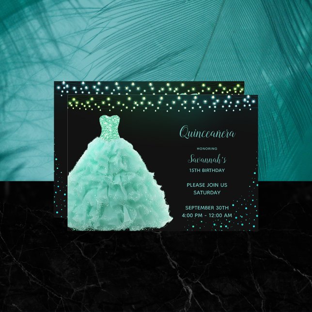 Black Quinceanera Princess Mint Grönt Gown Ljus Inbjudningar (Skapare uppladdad)
