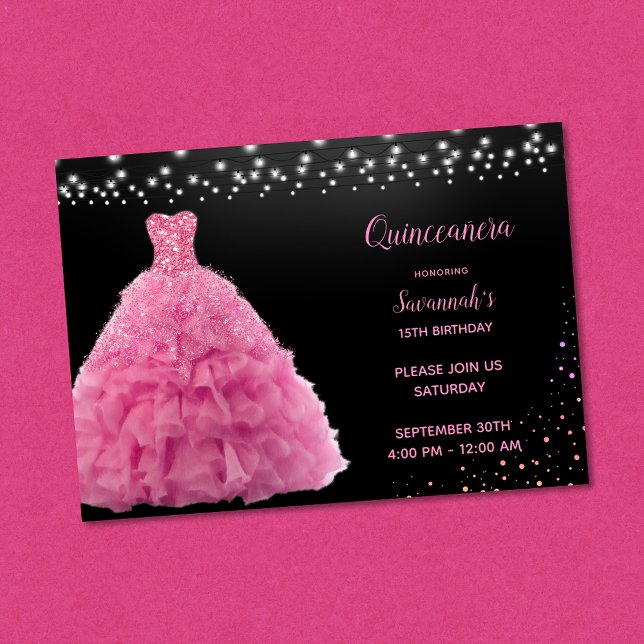 Black Quinceanera Princess Rosa Gown Ljus Inbjudningar (Skapare uppladdad)
